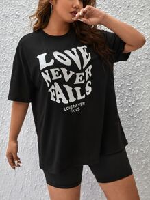 SHEIN EZwear Camiseta de hombros caídos con estampado de slogan - Negro - Ver 5