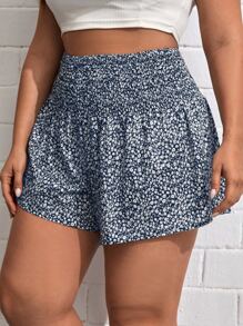 SHEIN VCAY Plus Ditsy Floral Print Wide Leg Shorts - Navy Blue - View 3