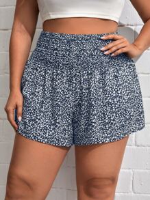 SHEIN VCAY Plus Ditsy Floral Print Wide Leg Shorts - Navy Blue - View 5