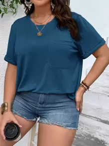 SHEIN Essnce Plus Solid Pocket Patched Tee - Navy Blue - View 1