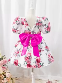 SHEIN Girls Floral Print Bow Back Puff Sleeve Dress - Multicolor - View 1