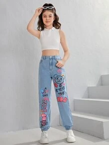 SHEIN 青少年女孩字母和卡通圖案牛仔褲