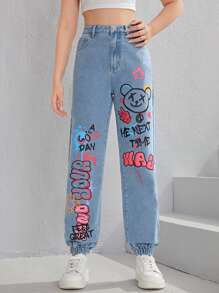 SHEIN 青少年女孩字母和卡通圖案牛仔褲