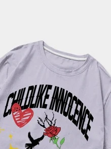 ROMWE MEN Hombres Camiseta con estampado de dibujos animados y letra - Púrpura malva - Ver 4