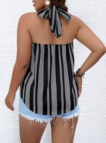 SHEIN Holidaya Blusa con estampado de rayas de cuello halter de espalda abierta - Blanco y Negro - Ver 2