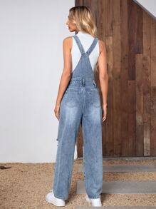 SHEIN Frenchy Ripped Patched Pocket Denim Overalls Without Tee - Medium Wash - View 2