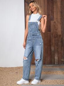 SHEIN Frenchy Ripped Patched Pocket Denim Overalls Without Tee - Medium Wash - View 4