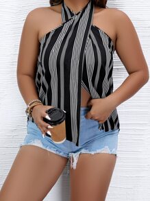SHEIN Holidaya Blusa con estampado de rayas de cuello halter de espalda abierta - Blanco y Negro - Ver 1
