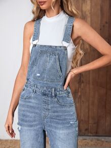 SHEIN Frenchy Ripped Patched Pocket Denim Overalls Without Tee - Medium Wash - View 5