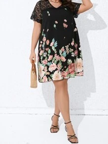 SHEIN Unity Plus Floral Print Contrast Lace Tunic Dress - Black - View 1