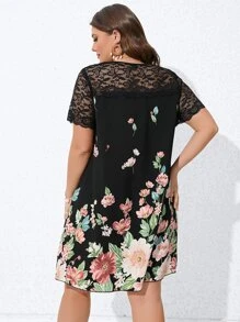 SHEIN Unity Plus Floral Print Contrast Lace Tunic Dress - Black - View 2