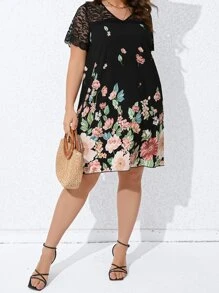 SHEIN Unity Plus Floral Print Contrast Lace Tunic Dress - Black - View 3