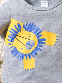 嬰兒卡通圖案T恤連體褲 - 灰色 - 查看 4