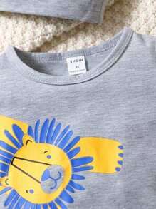 嬰兒卡通圖案T恤連體褲 - 灰色 - 查看 5