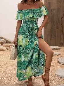 Breezaya Tropical Print Off Shoulder Ruffle Trim Split Thigh Belted Dress Maxi Vacation Beach Outfits Women - Green - View 5