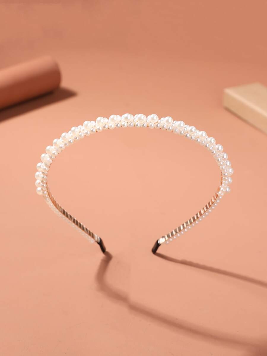 1件新款珍珠装饰新娘发箍，手工编织结皇冠发箍，女士优雅头饰，情人节配饰 - 白色 - 查看 1