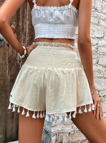 SHEIN VCAY Paperbag Waist Tassel Trim Shorts - Beige - View 2