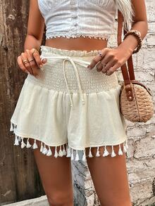 SHEIN VCAY Paperbag Waist Tassel Trim Shorts - Beige - View 6