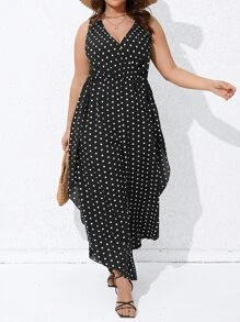 SHEIN Clasi Plus Polka Dot Print Asymmetrical Hem Jumpsuit - Black and White - View 1