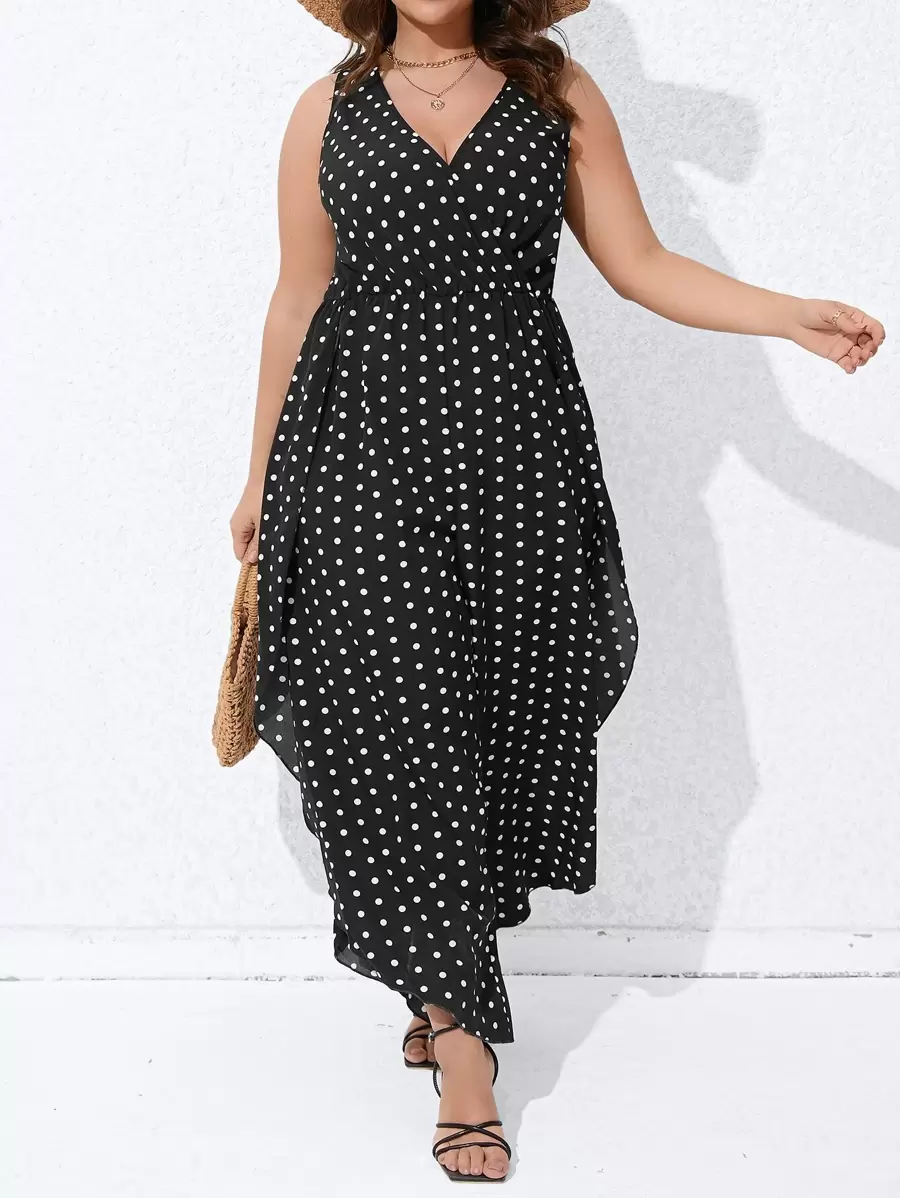 SHEIN Clasi Plus Polka Dot Print Asymmetrical Hem Jumpsuit - Black and White - View 1