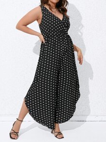 SHEIN Clasi Plus Polka Dot Print Asymmetrical Hem Jumpsuit - Black and White - View 3