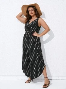 SHEIN Clasi Plus Polka Dot Print Asymmetrical Hem Jumpsuit - Black and White - View 4