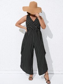 SHEIN Clasi Plus Polka Dot Print Asymmetrical Hem Jumpsuit - Black and White - View 5