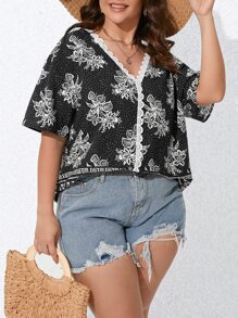 SHEIN LUNE Plus Floral Print Guipure Lace Trim Blouse - Black - View 1