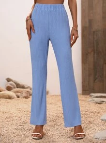 SHEIN LUNE Solid Elastic Waist Flare Leg Trousers - Blue - View 1