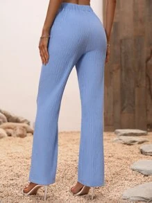 SHEIN LUNE Solid Elastic Waist Flare Leg Trousers - Blue - View 2