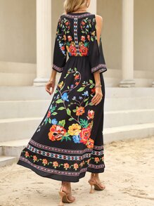 Breezaya Floral Print Cold Shoulder Split Thigh Dress - Multicolor - View 2
