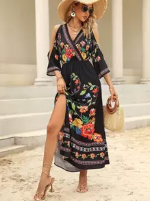 Breezaya Floral Print Cold Shoulder Split Thigh Dress - Multicolor - View 5