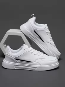 Men's Sports Shoes, Lace-up Casual Fashionable Sneakers, Unique Style Cool Skateboard Shoes, Round Toe White Shoes - White - View 6