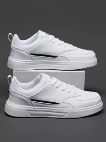 Men's Sports Shoes, Lace-up Casual Fashionable Sneakers, Unique Style Cool Skateboard Shoes, Round Toe White Shoes - White - View 7