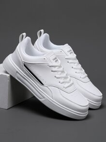 Men's Sports Shoes, Lace-up Casual Fashionable Sneakers, Unique Style Cool Skateboard Shoes, Round Toe White Shoes - White - View 8