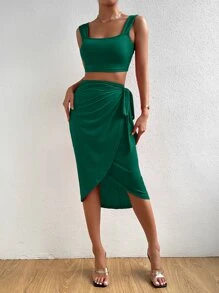SHEIN Privé 素色短款背心和側打結裹身裙 - 墨綠色 - 查看 6