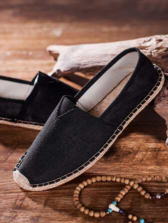 Vacation Black Espadrille Shoes For Men, Stitch Detail Canvas Loafers