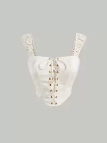 SHEIN MOD Grommet Lace Up Jacquard Wide Strap Top - White - View 1