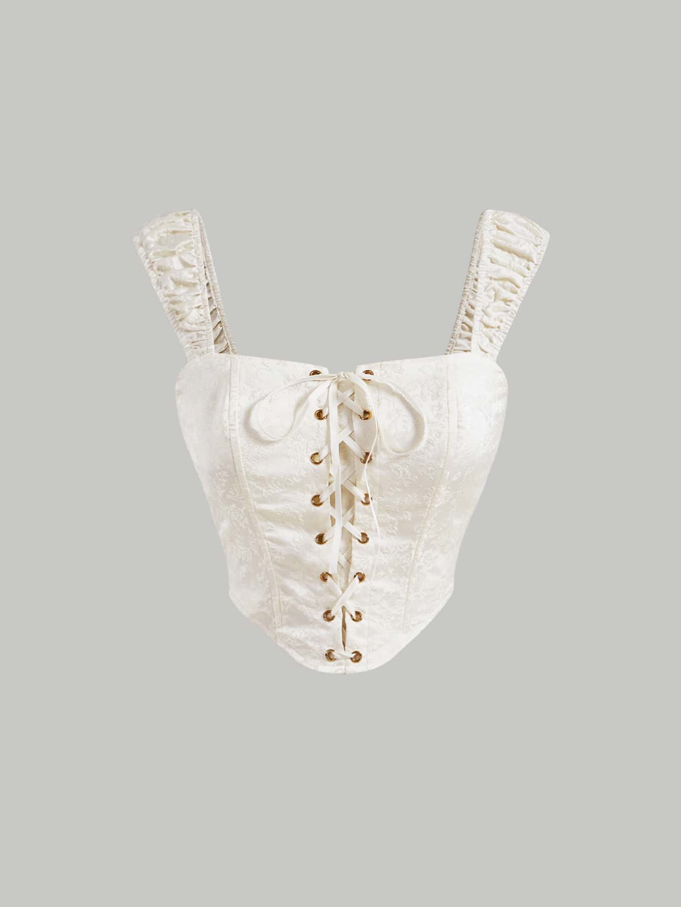 SHEIN MOD Grommet Lace Up Jacquard Wide Strap Top - White - View 1