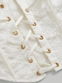 SHEIN MOD Grommet Lace Up Jacquard Wide Strap Top - White - View 4