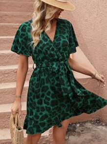 SHEIN VCAY 豹紋印花蝴蝶袖荷葉邊繫腰帶連衣裙 - 綠色 - 查看 3