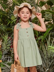 SHEIN Toddler Girls Bow Shoulder Button Front Cami Dress - Mint Green - View 1