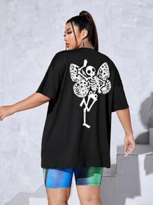 Flirla Plus Butterfly & Skull Print Drop Shoulder Tee - Black - View 1