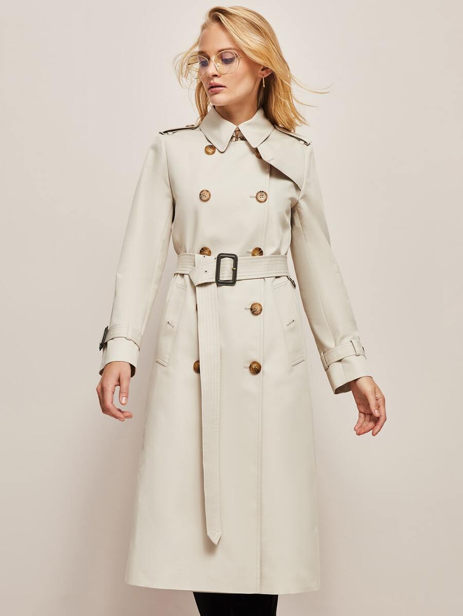 JAZZEVAR Double Button Belted Trench Coat - Beige - View 1