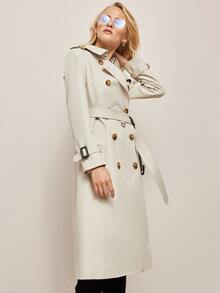 JAZZEVAR Double Button Belted Trench Coat - Beige - View 5