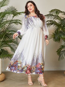 Mulvari Plus Floral Print Lantern Sleeve Dress - White - View 1