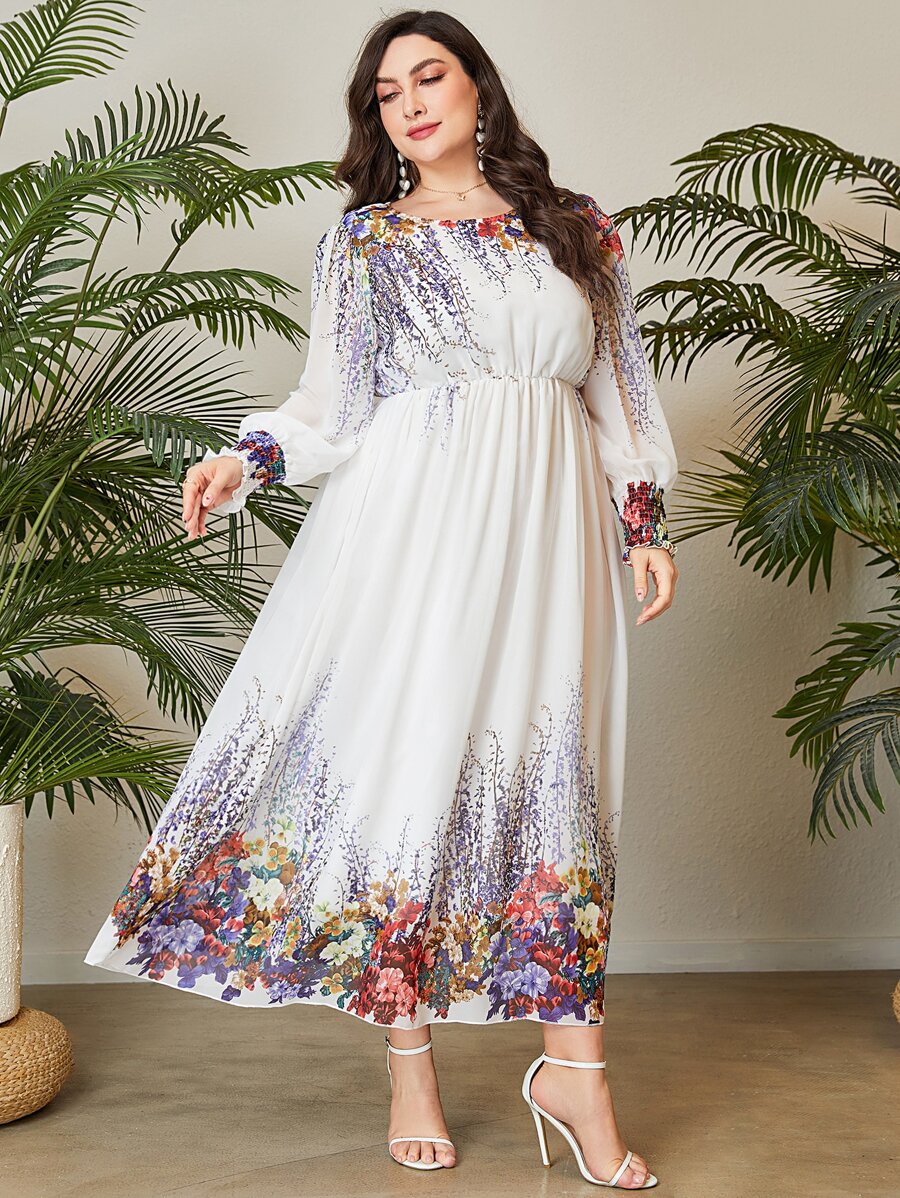 Mulvari Plus Floral Print Lantern Sleeve Dress - White - View 1