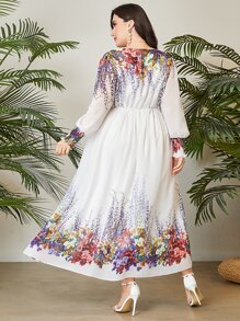 Mulvari Plus Floral Print Lantern Sleeve Dress - White - View 2