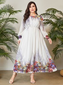 Mulvari Plus Floral Print Lantern Sleeve Dress - White - View 3