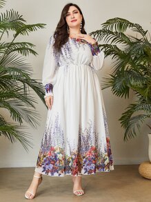 Mulvari Plus Floral Print Lantern Sleeve Dress - White - View 4